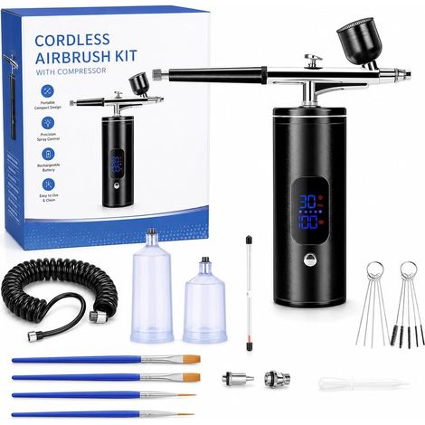 Aerographe Kit Complet Avec Compresseur, Kit Pistolet Aerographe Sans Fil Rechargeable Portable, 3 Niveaux Lcd Airbrush Pourmodelisme, Maquillage, Peinture, Onglerie, Tatouage, Coiffure (Noir) (1/5)