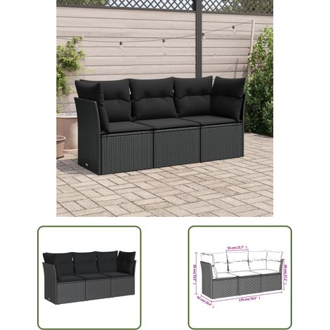 The Living Store 3-tlg. Garten-Sofagarnitur mit Kissen Schwarz Poly Rattan - Gartenmöbel - Outdoor Möbel - Rattan Sofa - Lounge Set - Gartengestelle (1/3)
