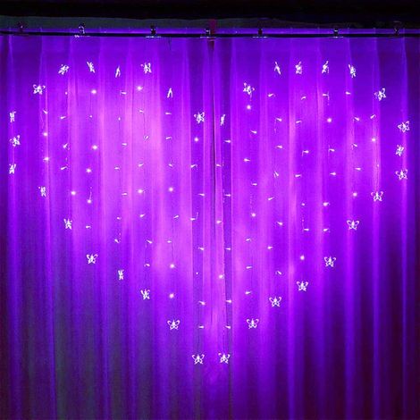 Guirlande Lumineuse En Forme De Rideau - 128 LED - 16 Filets Avec Papillons Transparent Et Cœurs - Alimentation Sur Piles - IP44 - 2 M De Longueur - 1,5 M De Hauteur (1/5)