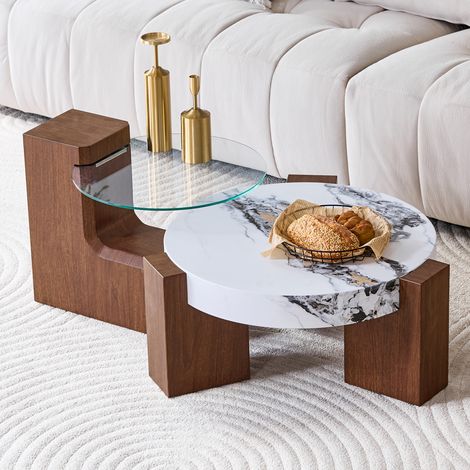 Mesas Bajas Redondas, con 2 Niveles y Sobre de Vidrio de Seguridad, Salón, 78 × 75 × 34 cm, MDF, Nogal y Blanco (1/5)
