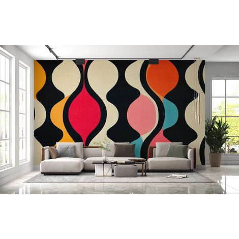 Papier peint rétro - vagues géométriques multicolores - 150 x 250 cm (1/2)