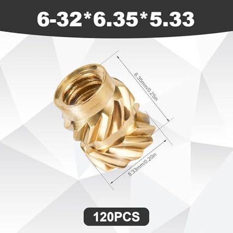 120 pièces écrous à visser, 6-32 x 6,35 x 5,33mm, écrous en laiton pour impression 3D, écrous moletés femelles à chaud pour pièces 3D, coque plastique auto et PC (1/5)
