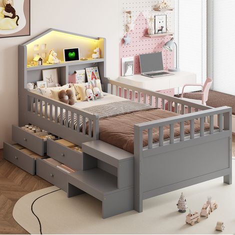 DESVIAE Lit enfant 90 x 200 cm avec barrières de sécurité 4 tiroirs escalier latéral LED USB et USB C tête de lit en forme de maison gris (1/5)