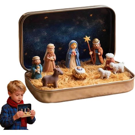 Crèche Noël Miniature - 1 Ensemble - Métal Et Résine - Scène Nativity Portable - Décoration Bureau Étagère - Boîte Fer Blanc (1/5)