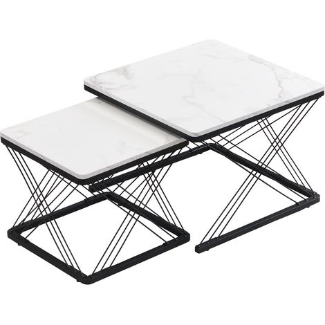 Set di 2 tavolini da salotto quadrati 60x60x45 e 45x45x40 cm, effetto marmo lucido, MDF (1/5)