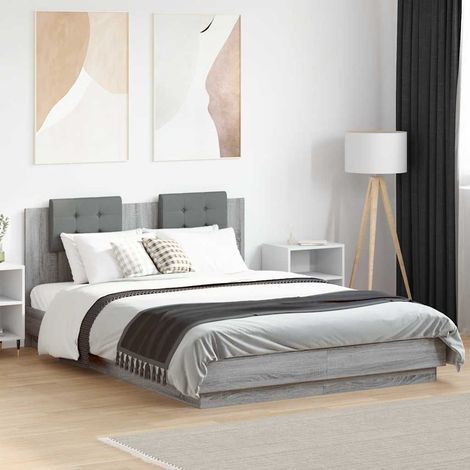 Bettgestell mit Kopfteil und LED-Leuchten Grau Sonoma 150x200cm (1/5)