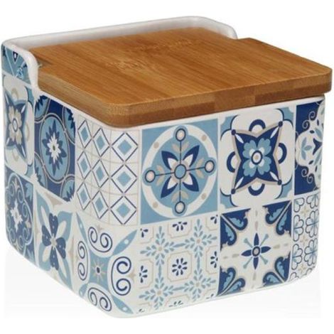 VERSA salero porcelana azurita 12.2x12.2x11.5 cm , Salero Azurita de cerámica, un accesorio funcional y decorativo que aporta un estilo mediterráneo a tu cocina o mesa. Su diseño e