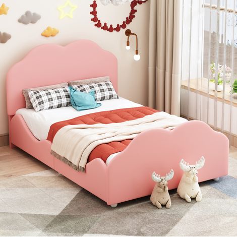 Letto singolo imbottito 90x200 cm con testiera e pediera a forma di nuvola, velluto rosa (1/5)