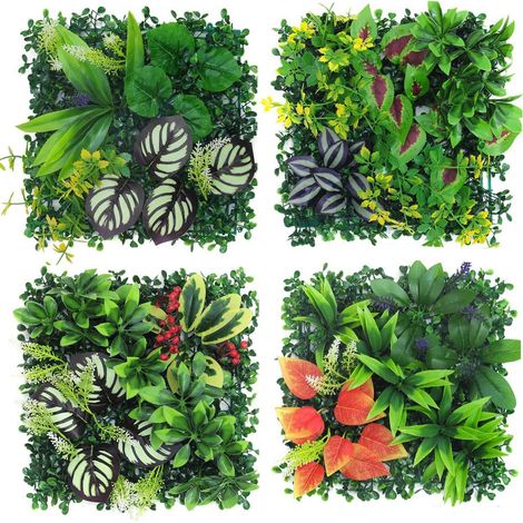 Mur de plantes d'extérieur - Lot de 4 plantes artificielles - 25 x 25 cm - Décoration pour mur, balcon et jardin (hybride 03) (1/5)