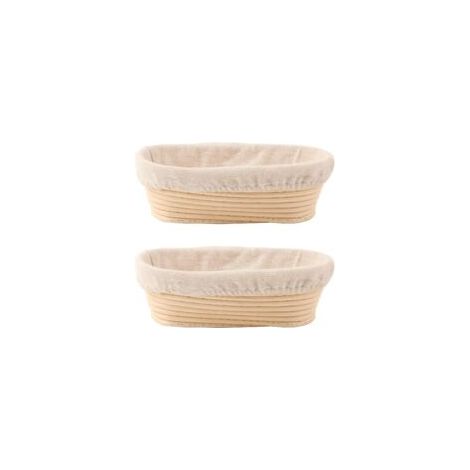 Lot de 2 corbeilles à pain ovales de 25 cm avec doublures, parfaites pour la cuisson du pain au levain, que ce soit en professionnel ou à la maison.