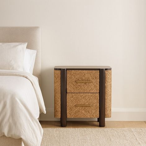 Commode façade cannée Havana en bois massif, 2 tiroirs, Brun foncé
