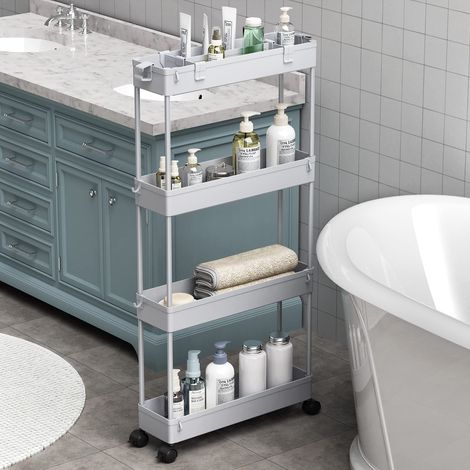 Chariot de Rangement Fin à 4 Niveaux pour Salle de Bain Chariot de Rangement Coulissant Étagère Mobile pour Bureau, Salle de Bain, Cuisine, buanderie Lieux étroits Gris (1/5)