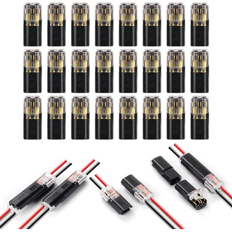 Connecteurs de Fil Basse Tension, 24 Pièces 2 Broches Cable Connectors Connecteur Electrique pour Câble 18-22 AWG (Noir) (1/5)