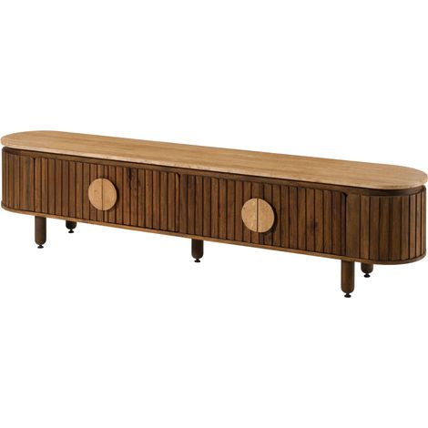 Meuble TV en bois de Manguier 220x40x50 marron huilé KYOTO 114 (1/3)