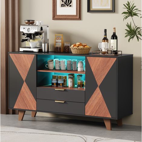 Credenza da cucina in MDF con LED, 2 cassetti e ripiani regolabili 150 x 40 x 90 cm (1/5)