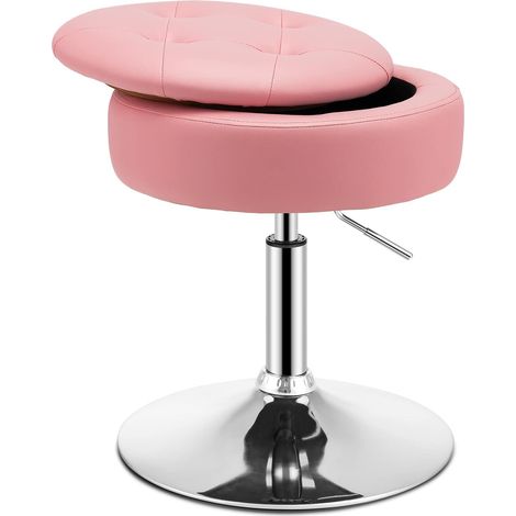COSTWAY Taburete de Tocador con Almacenamiento, Otomana Redonda de Cuero PU Giratorio a 360°, Taburete de Maquillaje Ajustable en Altura con Tapa Abatible para Salón Dormitorio (Rosa)