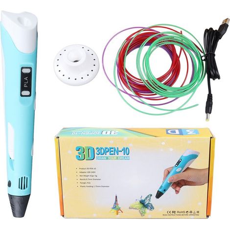 Stylo d'impression 3D avec filament PLA, câble USB et base - Kit artistique bleu (1/5)
