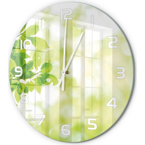 Horloge Murale Ronde Décorative en Verre Trempé Silencieuse pour Chambre Feuilles fi 60 cm (1/5)