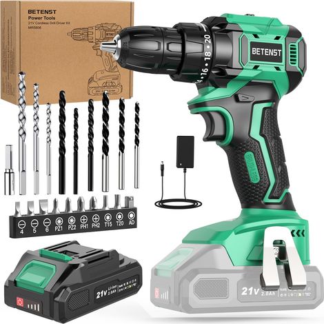 Perceuse Visseuse Sans Fil Brushless, Visseuse Devisseuse Sans Fil 21V avec Batteries 2.0Ah, 45N.m Max, 20+1 Réglages de Couple, 20 Accessoires, 2 Vitesses pour Bricolage, Vert (1/5)
