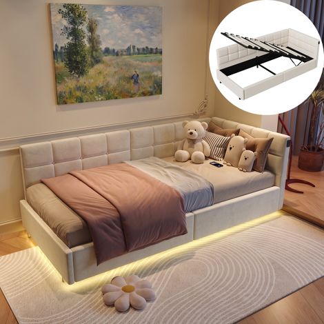 Lit coffre 90x190 cm en velours, lit simple avec LED RVB sous le lit, prises USB et rangement, sommier à lattes en bois, Beige (1/5)