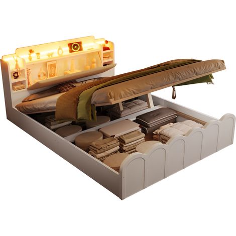 Letto contenitore 140x200 cm con testiera imbottita, ricarica USB e USB-C, LED e vano idraulico per camera da letto, bianco - CHICFURN (1/5)