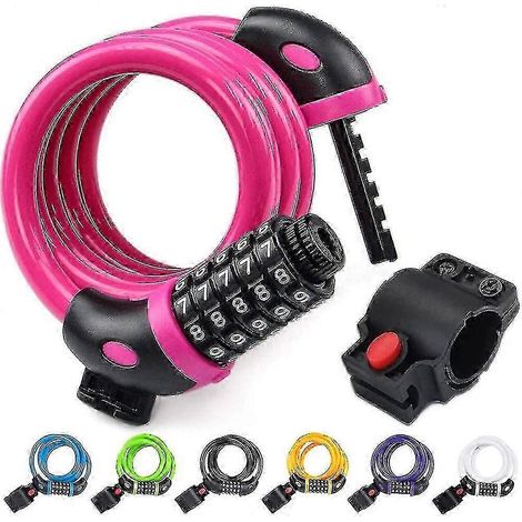 Antivol de vélo filaire haute sécurité de 1,2 mètre (4 pieds) avec serrure à combinaison à 5 chiffres (noir) (q) rose (1/5)