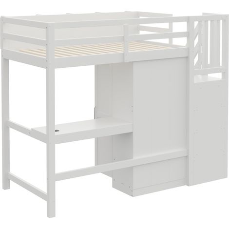 Letto a soppalco 90 x 200 cm con scrivania, armadio, LED e prese, bianco (1/5)
