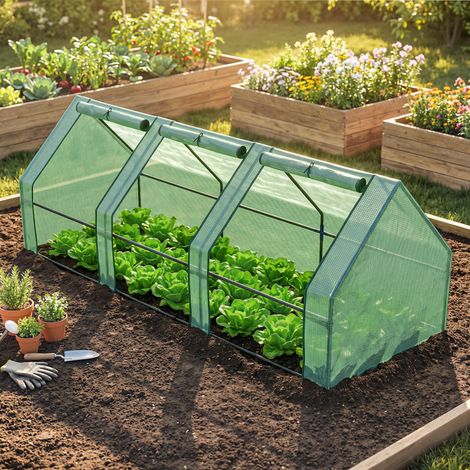 Serre tunnel en polyéthylène pour plantes et fleurs, avec bords surélevés et portes à charnières. 270 x 90 x 90 cm. Vert foncé.