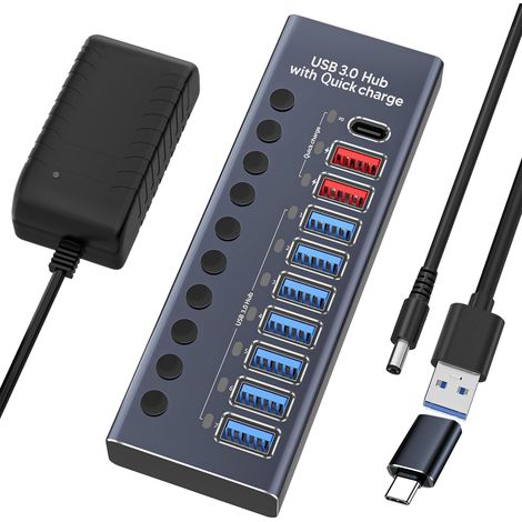 Hub USB Active 3.0, Alimentation 72 W (24 V3 A), Hub USB 10 en 1 (7 Ports de Transfert de données USB 3.0 et Chargeur Rapide 3 Ports) (1/5)