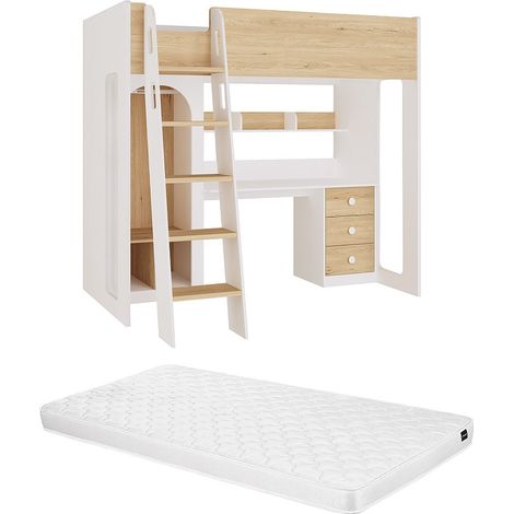 Letto a soppalco 90 x 190 cm con armadio e scrivania Naturale e bianco + Materasso - ALVENOU