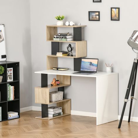 Schreibtisch mit Bücherregal, Bürotisch, mehrfarbiger PC-Schreibtisch aus Holz, 120 x 60 x 148 cm