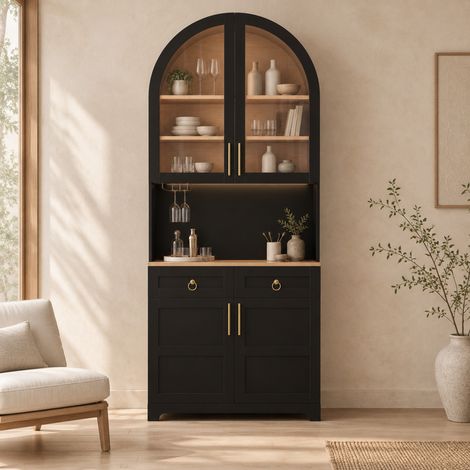 Credenza con vetrina, LED e porte USB, piano aperto, 80 x 40 x 180 cm, nera (1/5)