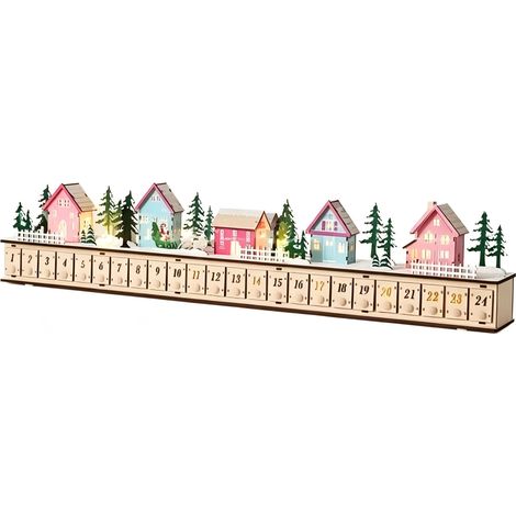 Beleuchteter Adventskalender aus Holz mit Darstellung eines Weihnachtsdorfes und 24 Schubladen zum Befüllen LED-Adventskalender zur Tischpräsentation.
