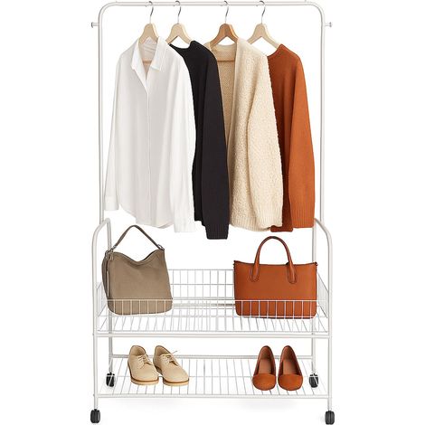 Relaxdays Stand Appendiabiti con Ruote, Asta Appendi Abiti per Attaccapanni, Ganci, 2 Ripiani, HLP: 165x90x30 cm, Bianco