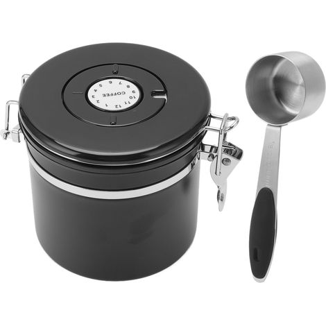 Boîte de conservation pour grains de café en acier inoxydable, hermétique, avec cuillère doseuse de 30 ml et fonction de suivi de la date. Capacité : 1,2 L, couleur noire. (1/5)
