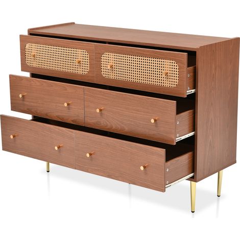 6-Schubladen-Kommode in Nussbaumoptik mit Rattan-Details und Metallbeinen, 120 x 40 x 90 cm (1/5)