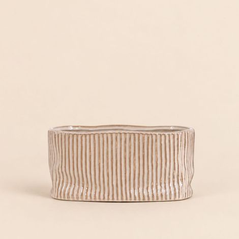 Cache-pot ovale en céramique striée marron 26x15cm (1/5)