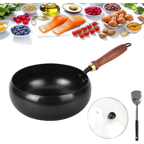 Poêle en fer non revêtue, forge à la main, anti-adhésif, durable et inoxydable - Cuisinière, gaz, fond rond avec couvercle en verre - 26 cm (1/5)