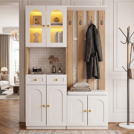 Meuble d'entrée avec banquette et éclairage LED intégré, rangement chaussures à lamelles bois – Montage réversible – Blanc et chêne – H180 × L120 × P30 cm
