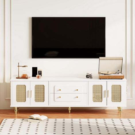 Meuble bas/meuble TV de style rétro : poignées dorées, grand espace de rangement. Porte en rotin et pieds en métal. (1/5)