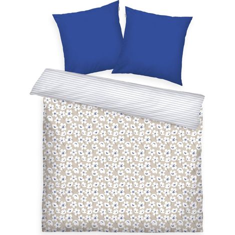 Housse de Couette, 2  80x80 + 200x220 cm, 100% Coton/renforcé, Motif Réversible et Fermeture Eclair Colorée, Fresh Flowers Bleu, Beige (Cobalt (1/5)