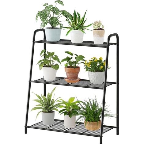 Support de plantes en métal pour intérieur et extérieur – Étagère à 3 niveaux – Grand support de fleurs robuste pour salon, terrasse, balcon (noir) (1/5)