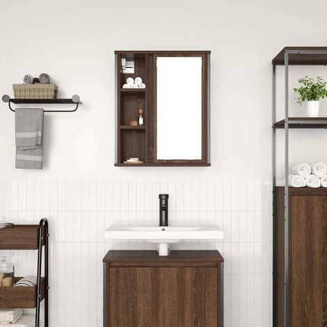 Armoire de Salle de Bain Murale avec Miroir, Meuble de Rangement Suspendu en Bois Couleur Chêne Brun, 50x21x60 cm (1/5)