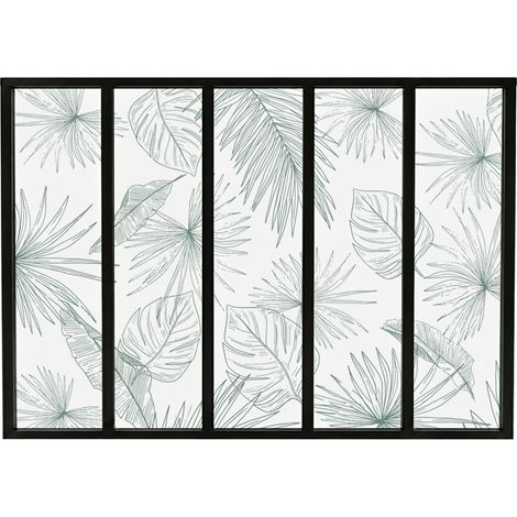 Verrière atelier intérieure aluminium noir 5 vitrages 168 x 117 cm - Décor végétal - Lamnar Vert - vert et transparent - Verre trempé (1/5)
