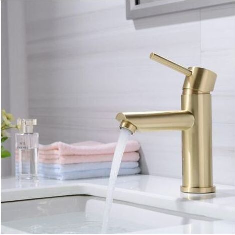Robinet Lavabo Robinet Salle De Bain, Moderne Design Élégant Laiton Doré Brossé Mitigeur Lavabo, Eau Chaude Et Froide(sans tuyau d'arrivée d'eau) (1/4)