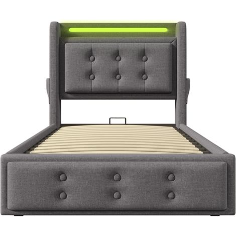 Lit coffre 90x200 gris en coton et métal, tête de lit LED, ports USB et USB-C, MODENUIT (1/5)