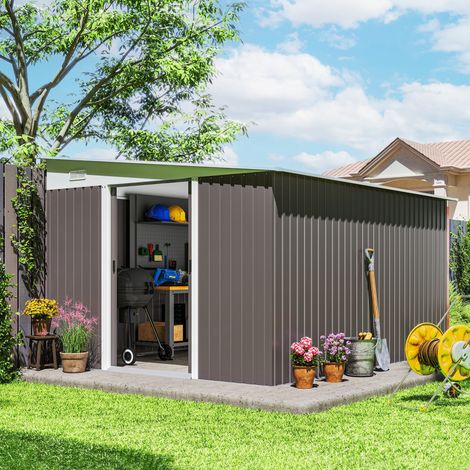 Abri de jardin 280x345x201 cm en acier gris avec porte coulissante, pour jardin encombré – MEUBLIV (1/5)