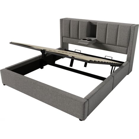 Letto matrimoniale 180x200 cm in lino grigio con contenitore idraulico, USB-C, rete inclusa (1/5)