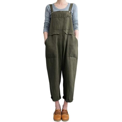Salopette ample en lin vert armée pour femme, taille XXL (1/5)