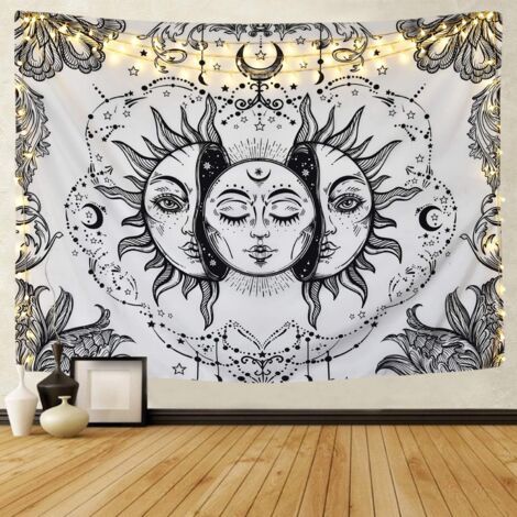 BUNTHAUS Tapisserie Psychédélique Soleil et Lune Tapisserie Noir et Blanc Chambre Studio Décor (Blanc, 148 x 200 cm) (1/5)